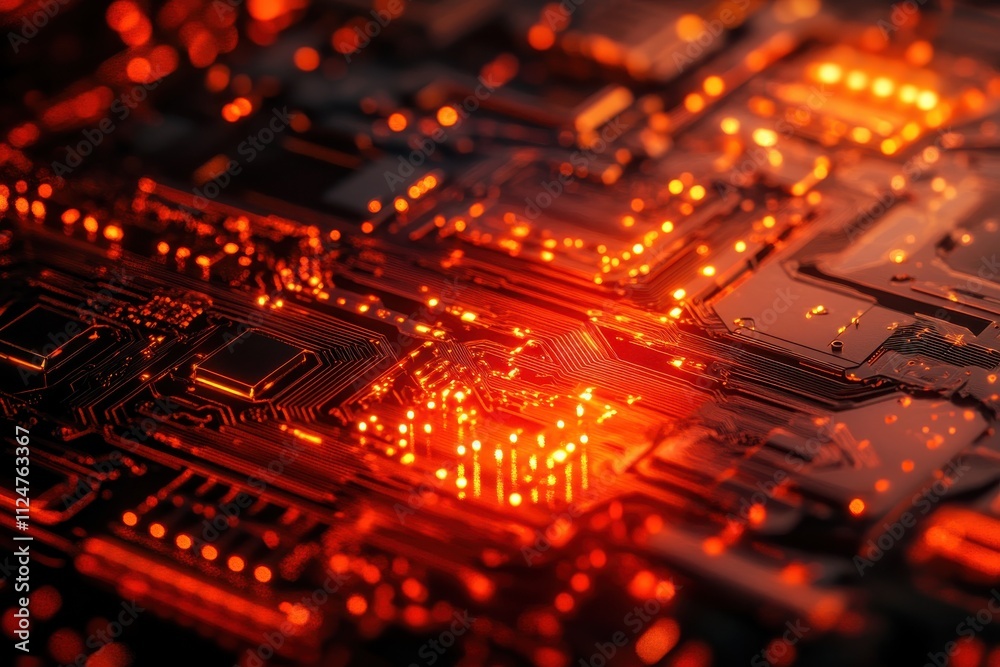 Obraz premium Hi-tech semiconductor manufacturing precision laser engraving machine glowing red and orange lights close-up shot