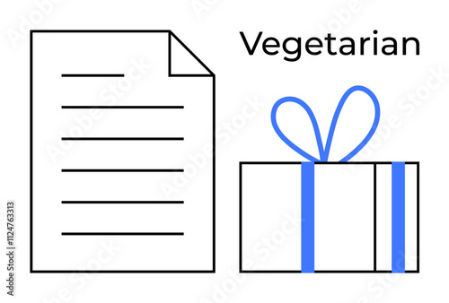 Menu with list lines next to a gift box wrapped with a blue ribbon bow. Ideal for event planning, dietary guidelines, holidays, corporate gifts, celebrations, special diets, and food services. Line
