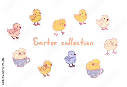 A set of transparent Easter illustrations of stickers for creating a postcard on a white background. Yellow chickens, white birds, pink chicks