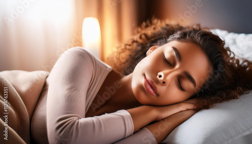 Una mujer joven descansando dormida sobre las manos en la cama con una luz relajante photo