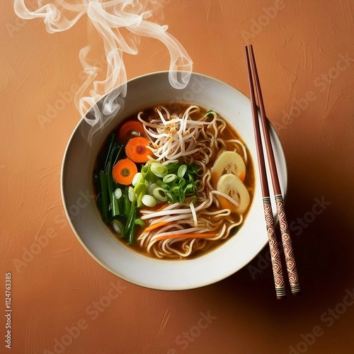 A bowl of chinese noodle soup with chopsticks 