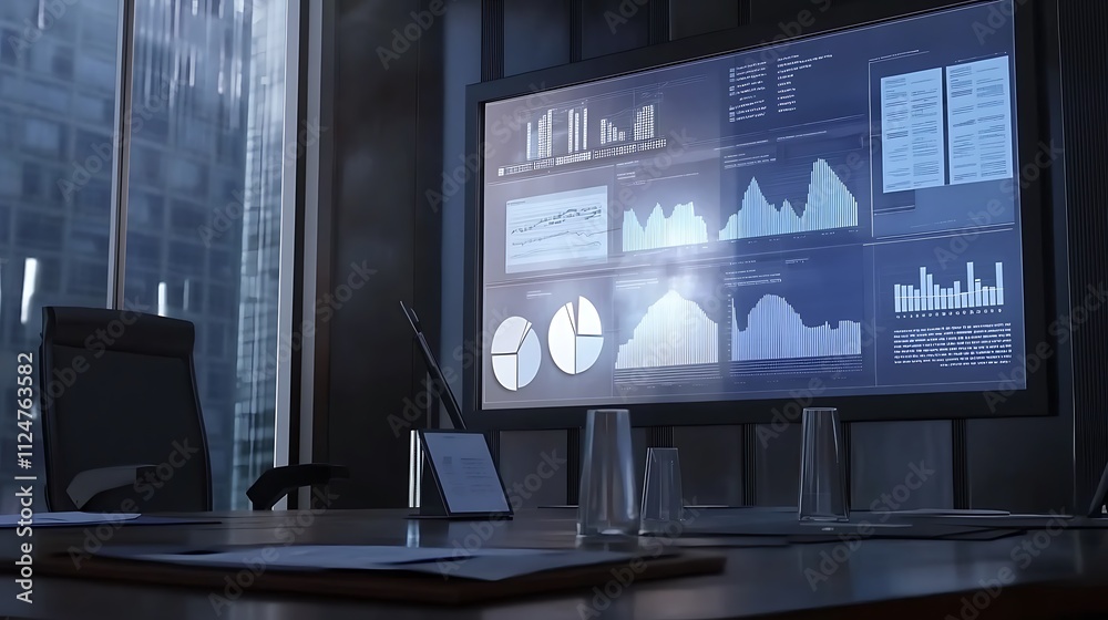 A computer monitor displays a series of graphs and charts A computer monitor displays a series of graphs and charts