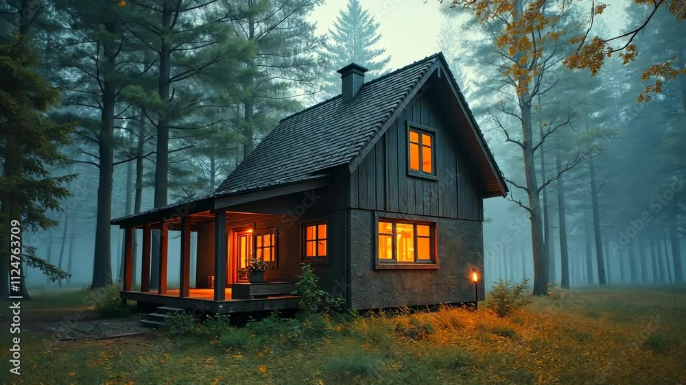 Cozy cabin in a misty forest with glowing windows during twilight hours Cozy cabin in a misty forest with glowing windows during twilight hours