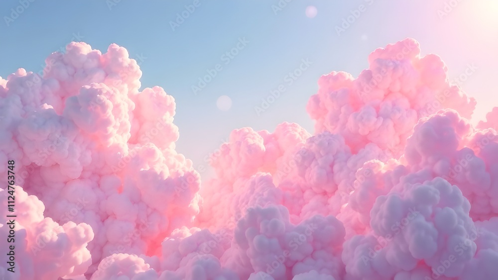 Fototapeta premium Dreamy Pink Clouds Under Clear Sky. A whimsical scene of soft pink clouds against a bright blue sky with sunlight, creating a serene and dreamy atmosphere
