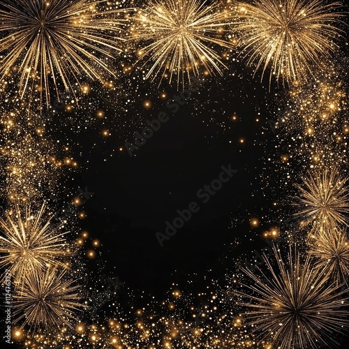 Golden fireworks frame on black background.