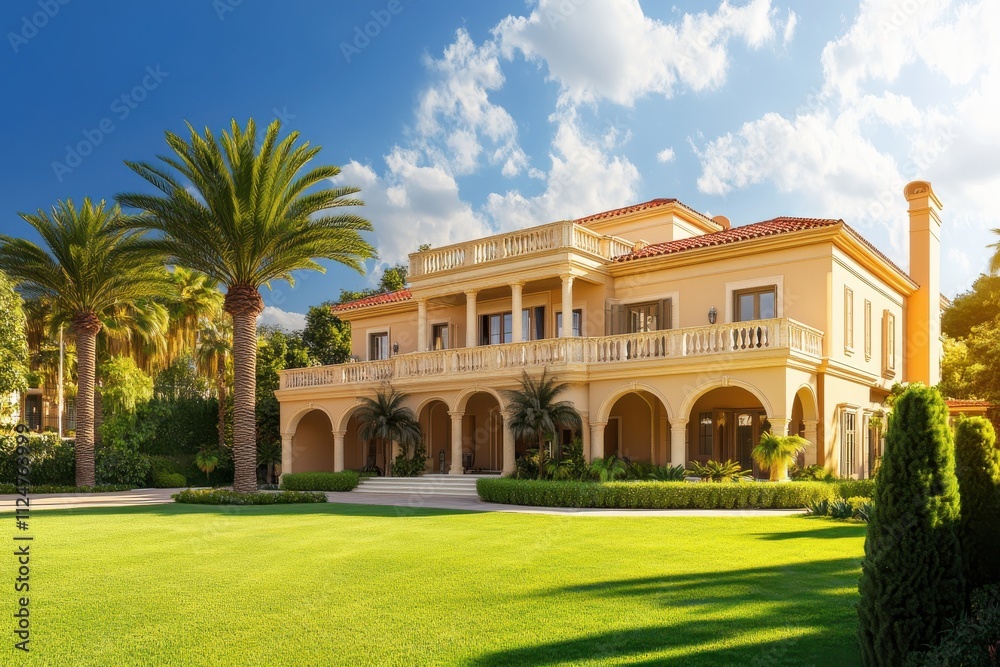 Luxurious Mediterranean-style villa grand two-story mansion cream stucco walls arched windows Luxurious Mediterranean-style villa grand two-story mansion cream stucco walls arched windows