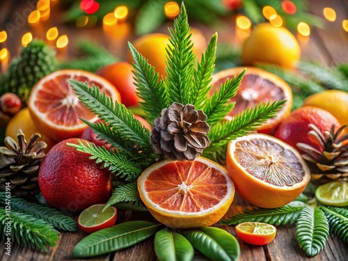 A Vibrant Marijuana Flower Amidst Citrus Fruits and Pine Cones, Celebrating the Aromatic Terpenes and Flavor Profiles of Cannabis in a Bokeh Effect Setting