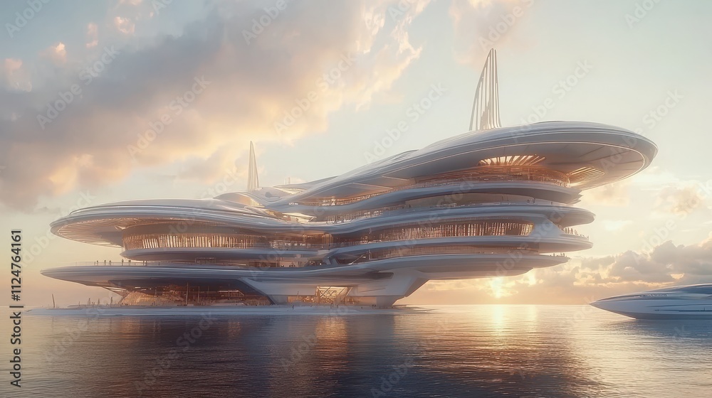 Futuristic Floating City Above Calm Ocean at Sunset Glow Futuristic Floating City Above Calm Ocean at Sunset Glow
