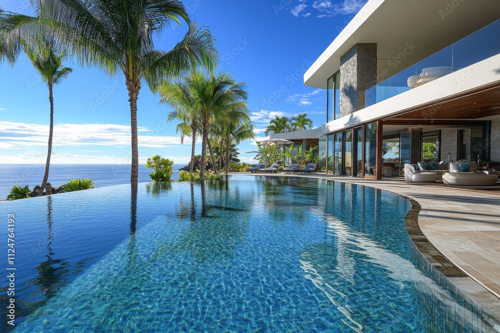 Fototapeta premium Luxurious modern villa swimming pool with curved edges palm trees white exterior