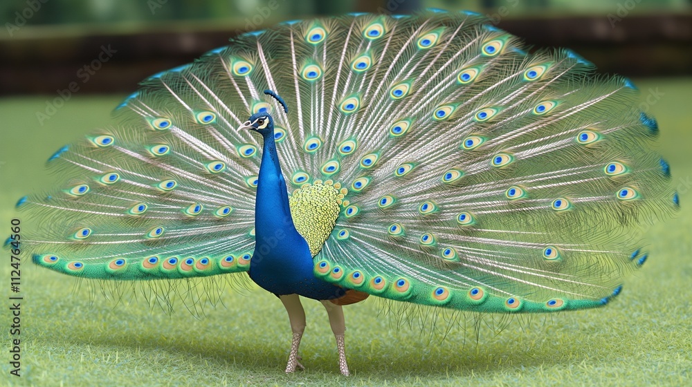 Obraz premium A vibrant peacock displaying its iridescent tail feathers in full fan, standing on a grassy field.