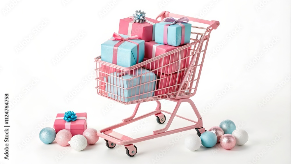 Pink Shopping Cart Filled with Pastel Gifts and Ornaments Pink Shopping Cart Filled with Pastel Gifts and Ornaments
