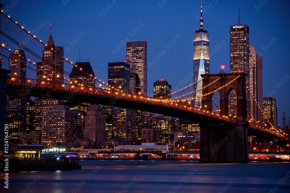 Fototapeta premium Manhattan skyline Brooklyn Bridge suspension design twinkling lights