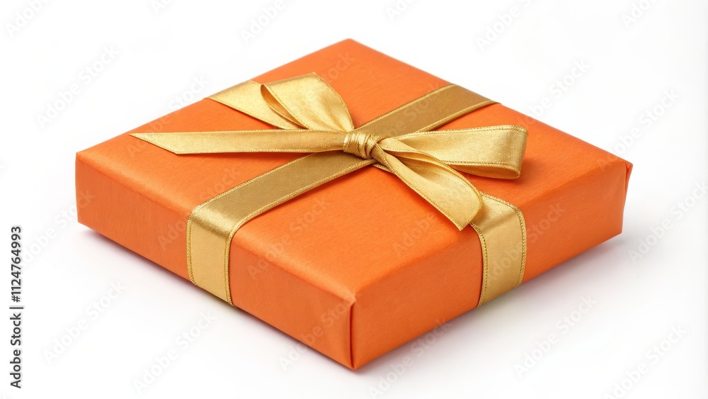 Orange Gift Box Gold Ribbon, Square Composition, Festive Concept Orange Gift Box Gold Ribbon, Square Composition, Festive Concept