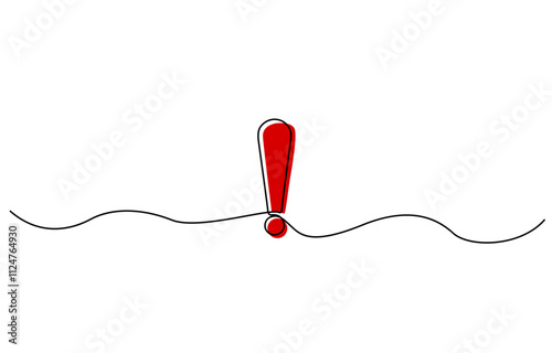 Exclamation point. One line continuous exclamation point. Line art, Continuous one line drawing, Dangerous sign line continuous drawing vector, Exclamation mark one line drawing.