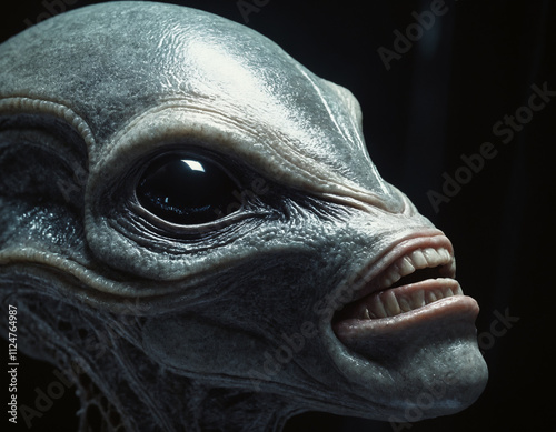 in the darkness the face the head of an alien creature, science fiction as sci-fi and horror as nightmarish species, human-like face structure photo