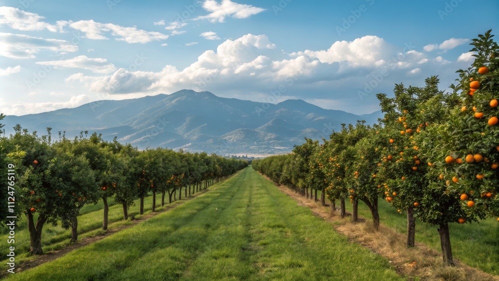 Naklejka premium Orange Grove Vista Mountains, Clouds, and Citrus Trees