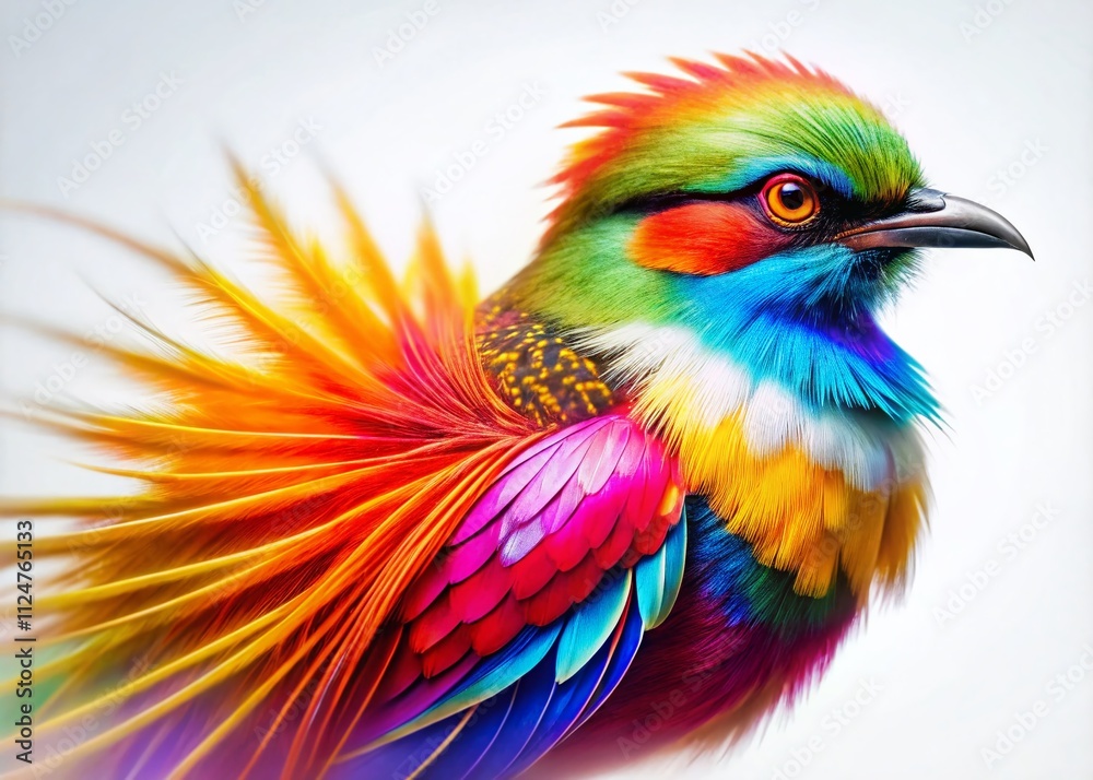 Obraz premium A Vibrant Stylized Bird Showcasing Colorful Plumage and Quirky Charm Against a Simple White Background, Perfectly Captured with Long Exposure Techniques for Artistic Appeal