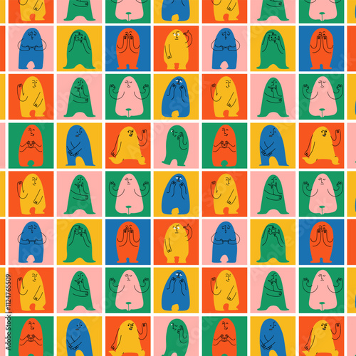 Comic emoji color seamless pattern. Various finger gestures, signs and symbols. Vector cartoon abstract trendy flat isolated face emotions set