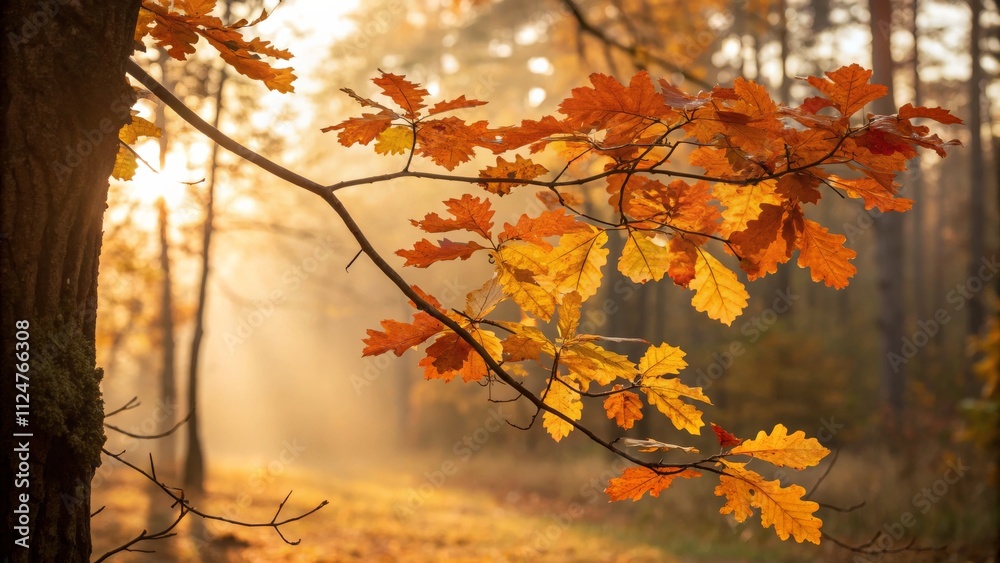 Golden Autumn Oak Leaves Sunlit Branch in Misty Forest Golden Autumn Oak Leaves Sunlit Branch in Misty Forest