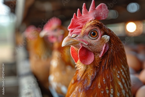 Chickens on a farm with chicken coops