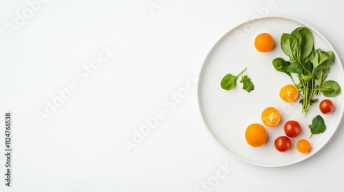 Fresh and Vibrant Assorted Fruits and Green Leaves Arranged Artistically on a Minimalist White Plate Capturing the Essence of Healthy Eating and Colorful Ingredients