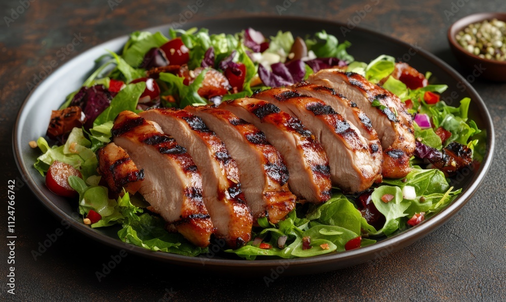 Grilled chicken meat with salad on a plate, barbecue dinner Grilled chicken meat with salad on a plate, barbecue dinner