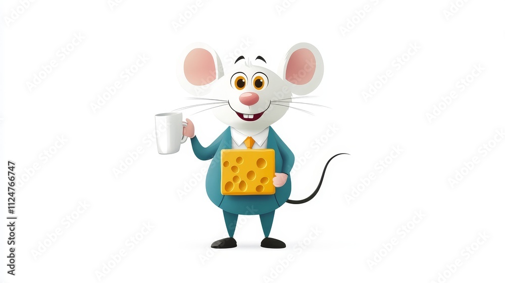 Fototapeta premium Cartoon Mouse Character Holding Cheese and Coffee in Business Suit, Smiling in a White Background, Perfect for Fun Illustrations and Marketing Themes