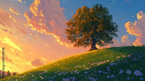 Wallpaper Mural A vibrant sunset paints the sky behind a towering tree on a peaceful green hill, creating a tranquil atmosphere. Torontodigital.ca