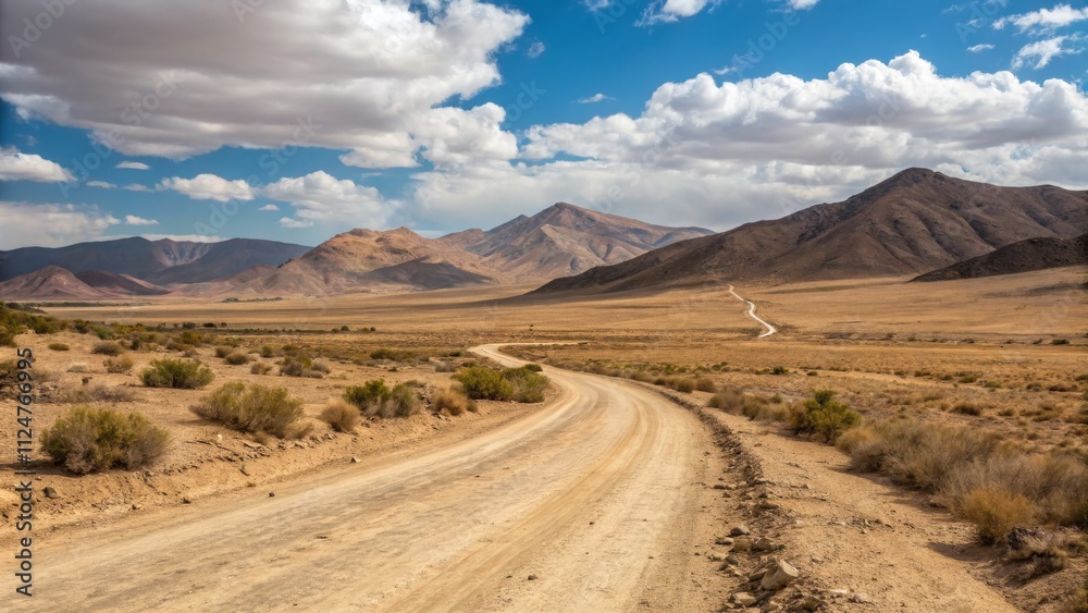 Desert Road Winding Through Mountains under a Blue Sky with Puffy Clouds Desert Road Winding Through Mountains under a Blue Sky with Puffy Clouds