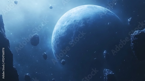 Fototapeta Naklejka Na Ścianę i Meble -  A planet in space with several moons a blue, Space planet galaxy