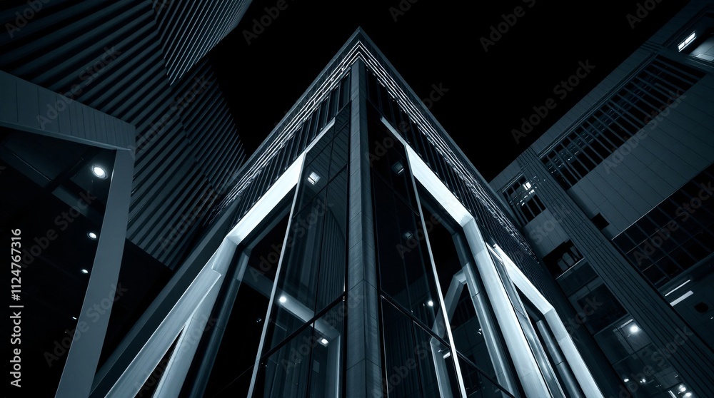 Obraz premium Urban Geometry: A low-angle, monochrome shot captures the stark lines and angles of a modern skyscraper, illuminated by the glow of city lights. The image evokes a sense of grandeur, power.