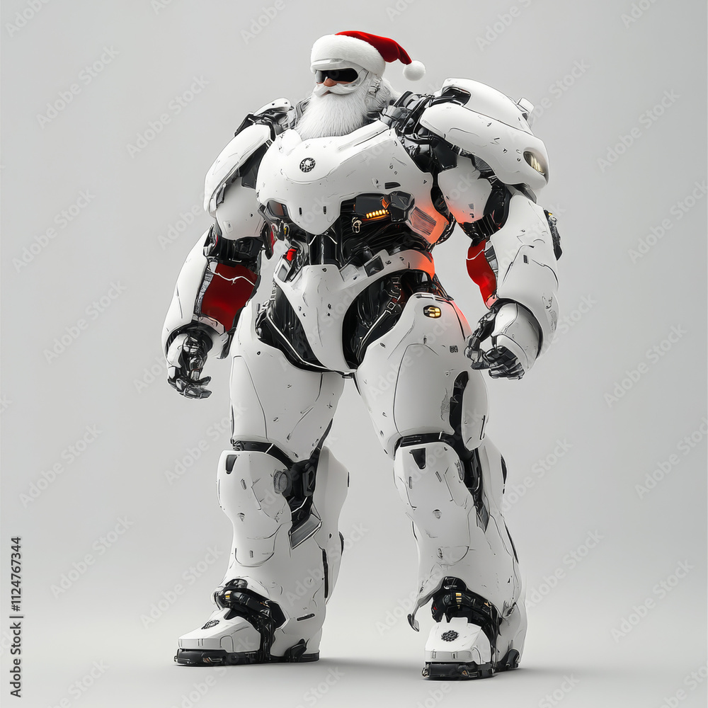 Santa Claus in a Gundam exosuit mech robot, ready for action with a sleek, futuristic look and dynamic energy.