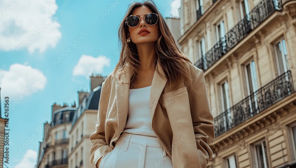 A stylish woman in an oversized beige jacket and white pants, posing on the streets of Paris with iconic buildings in the background A stylish woman in an oversized beige jacket and white pants, posing on the streets of Paris with iconic buildings in the background