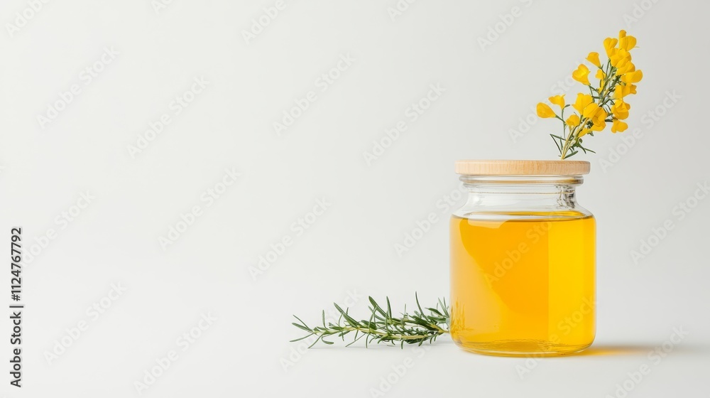 Bright and Fresh Glass Jar of Yellow Oil with Green Rosemary Sprigs and Yellow Flowers on a Light Background for Culinary and Wellness Uses Bright and Fresh Glass Jar of Yellow Oil with Green Rosemary Sprigs and Yellow Flowers on a Light Background for Culinary and Wellness Uses