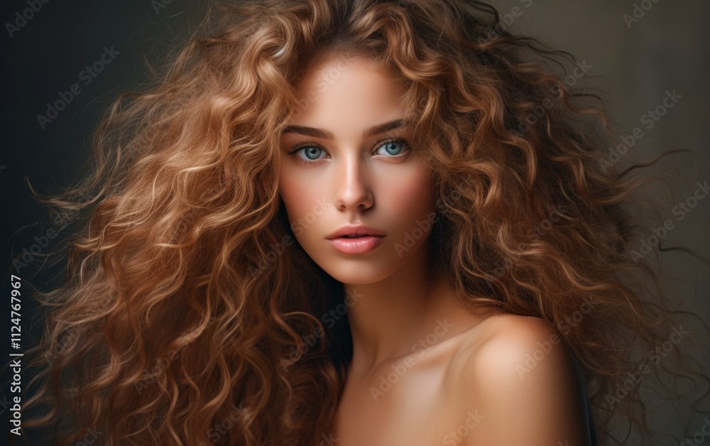 A woman with long, curly hair is standing in front of a dark background A woman with long, curly hair is standing in front of a dark background