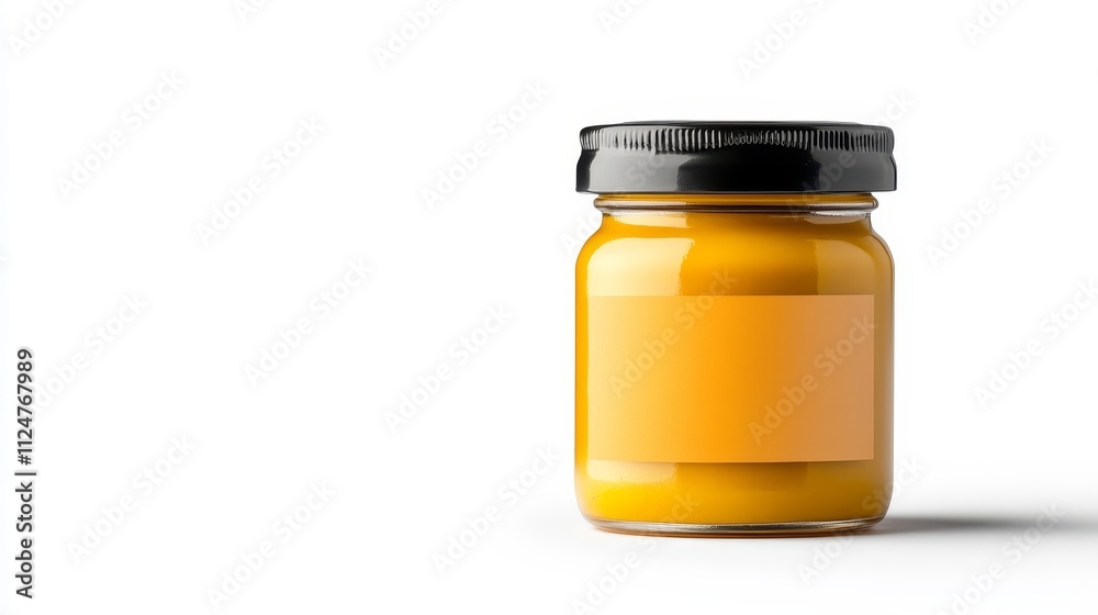 Bright Yellow Jar with Black Lid Isolated on White Background for Packaging or Food Design Purpose Featuring a Blank Label for Customization and Branding Opportunities Bright Yellow Jar with Black Lid Isolated on White Background for Packaging or Food Design Purpose Featuring a Blank Label for Customization and Branding Opportunities