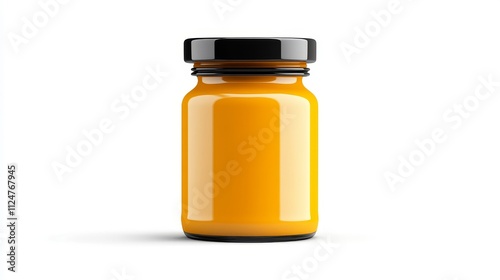 Glass jar filled with vibrant yellow mustard condiment on a white background, showcasing its sleek design and glossy finish for culinary presentations and recipes