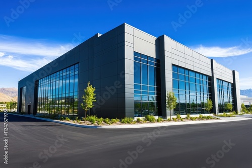 Modern industrial building sleek black exterior large glass windows geometric architecture