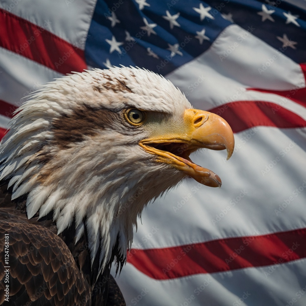 Naklejka premium A bald eagle with an American flag waving in the background.