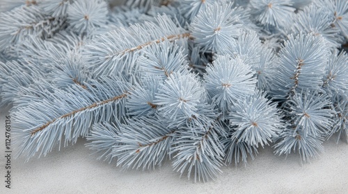 Close-up of frost-covered pine branches showcasing intricate details and a stunning contrast of cool blue and white tones