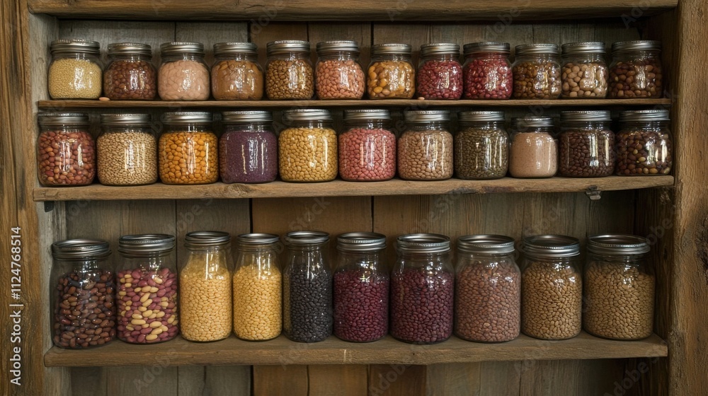 Organized jars of dried beans and legumes on a rustic kitchen shelf Organized jars of dried beans and legumes on a rustic kitchen shelf
