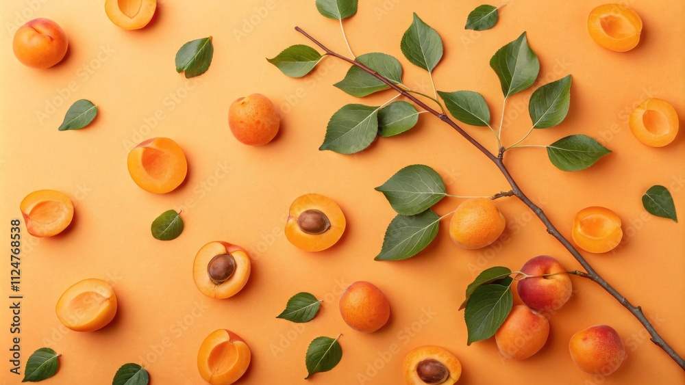 Apricots and Branch Flatlay Composition of Halved and Whole Apricots with Leaves on Orange Background Apricots and Branch Flatlay Composition of Halved and Whole Apricots with Leaves on Orange Background