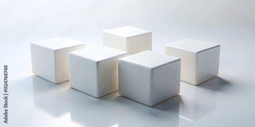 Fototapeta premium Low Light 3D Render: Four White Cubes, Minimalist White Background, Abstract Still Life Photography