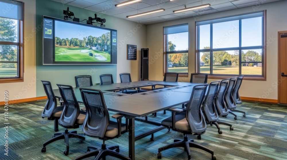 Modern conference room with large screen display, showing a golf course, and plenty of natural light. Modern conference room with large screen display, showing a golf course, and plenty of natural light.