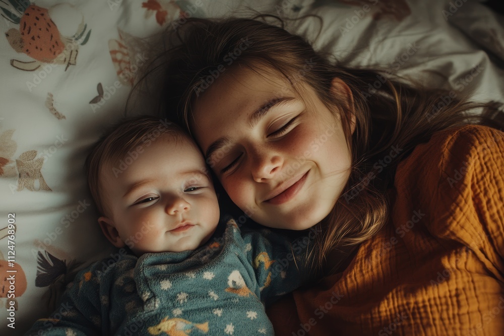 A young woman is laying on a bed with a baby A young woman is laying on a bed with a baby