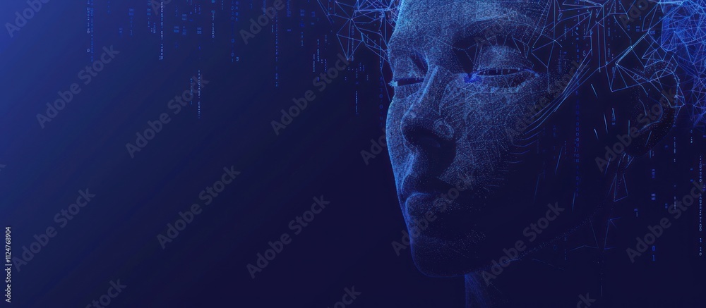 Obraz premium Female robot face with binary code and computer elements