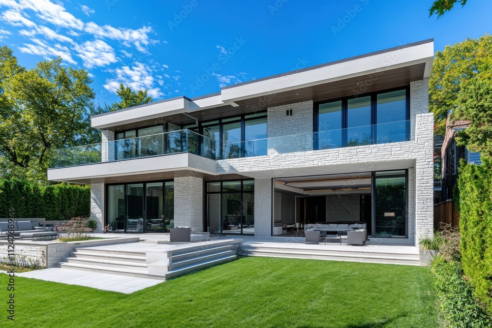 Modern luxury villa minimalist architecture blue and white exterior large glass windows Modern luxury villa minimalist architecture blue and white exterior large glass windows