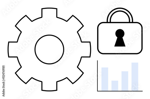 Gear representing system optimization, padlock symbolizing security, and bar graph for analytics. Ideal for tech, cybersecurity, data analysis, encryption, privacy, system performance innovation