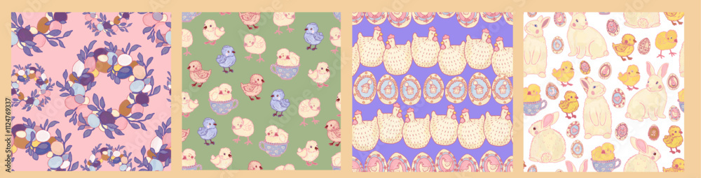 Set of pastel seamless hand-drawn Easter patterns. Cute bunnies, chicks, hens, wreath. Seasonal festival provence wallpape Set of pastel seamless hand-drawn Easter patterns. Cute bunnies, chicks, hens, wreath. Seasonal festival provence wallpape