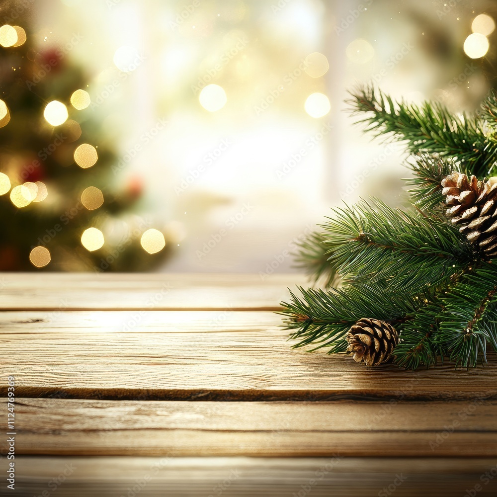 Festive wooden table with pine branch and cones, blurred Christmas tree background. Festive wooden table with pine branch and cones, blurred Christmas tree background.